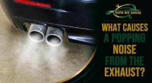A close-up of a car’s dual exhaust emitting vapor, illustrating a popping noise from the exhaust
