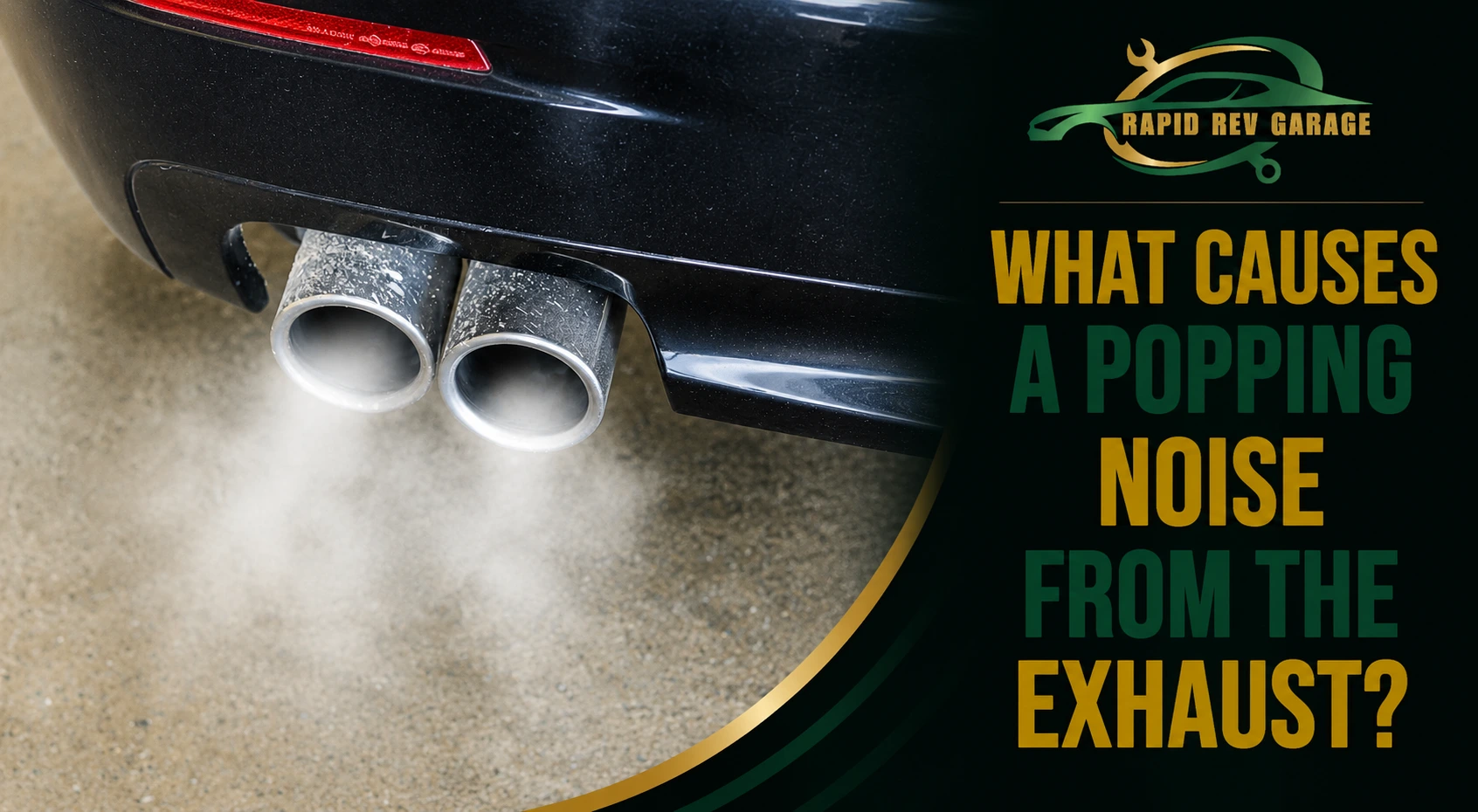 A close-up of a car’s dual exhaust emitting vapor, illustrating a popping noise from the exhaust