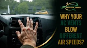 Car dashboard with a hand checking the AC vents as the AC vents blow different air speeds.