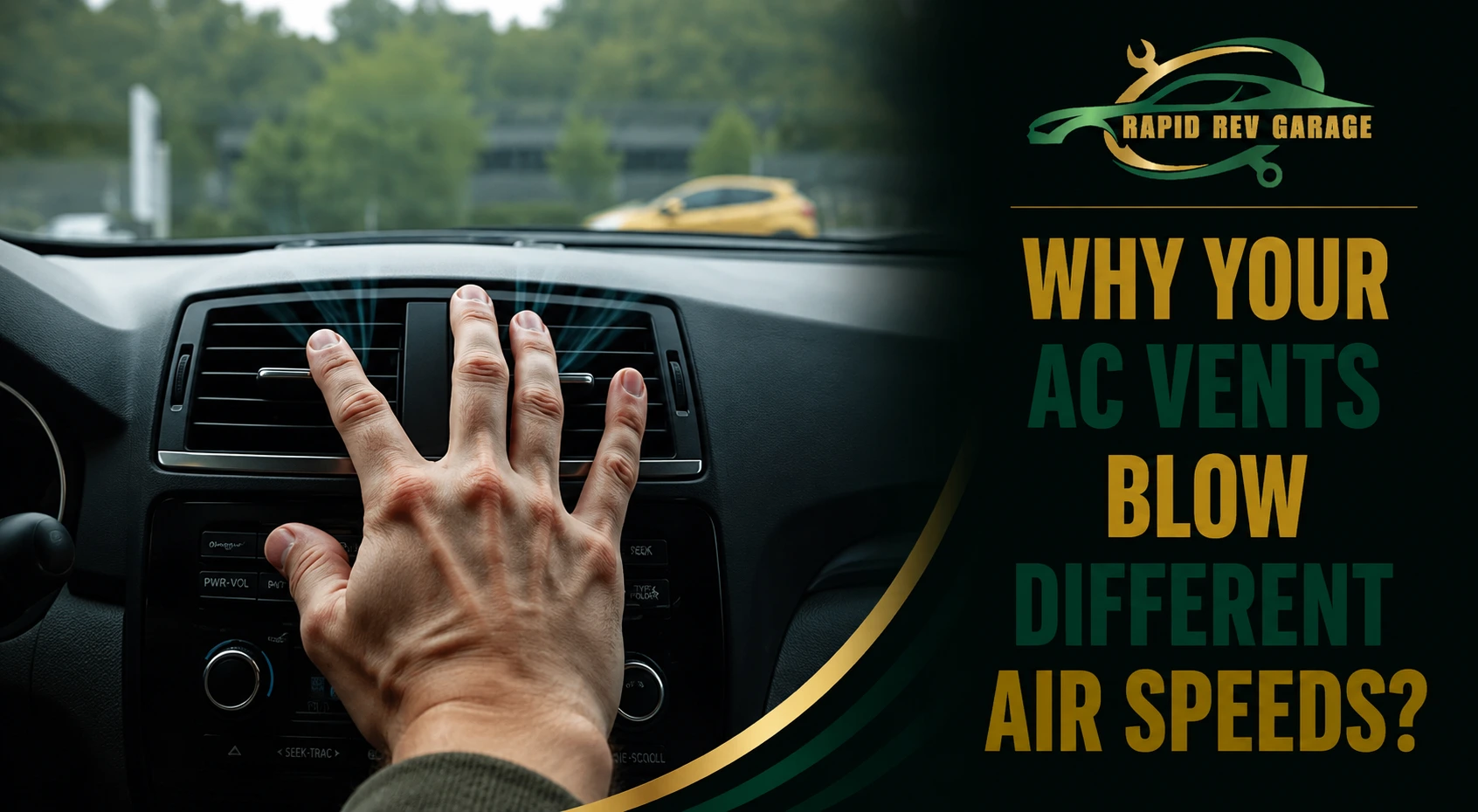 Car dashboard with a hand checking the AC vents as the AC vents blow different air speeds.
