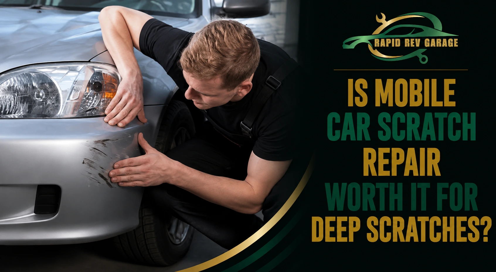 A mechanic inspecting deep scratches on a silver car as part of mobile car scratch repair.