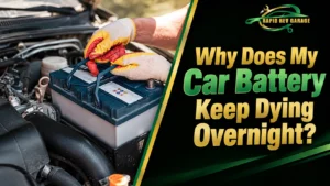 Car battery keep dying overnight while a mechanic checks the battery under the hood, with Rapid Rev Garage branding and automotive repair visuals.