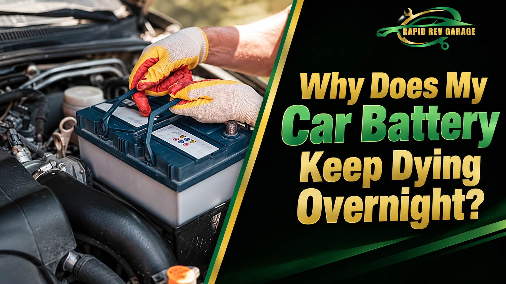 Car battery keep dying overnight while a mechanic checks the battery under the hood, with Rapid Rev Garage branding and automotive repair visuals.