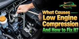 Mechanic working on a car engine with a wrench, featuring Rapid Rev Garage branding and bold text explaining the causes of Low Engine Compression and how to fix it.
