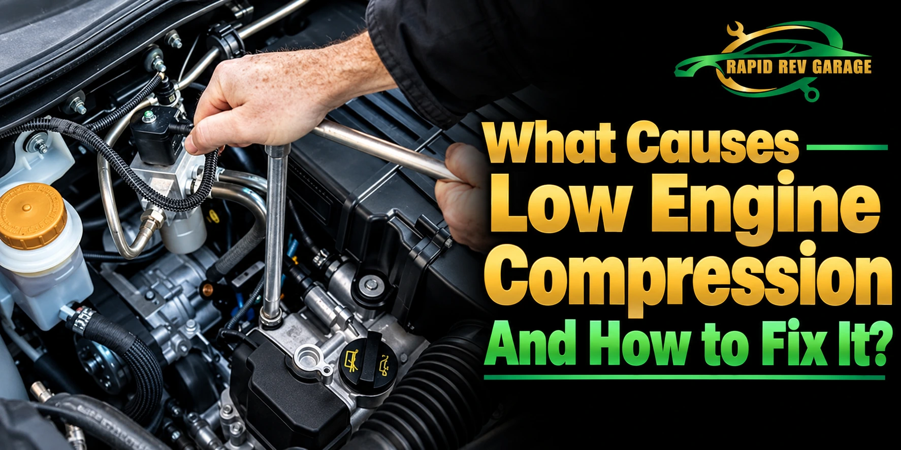 Mechanic working on a car engine with a wrench, featuring Rapid Rev Garage branding and bold text explaining the causes of Low Engine Compression and how to fix it.