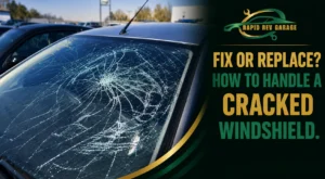 A severely cracked windshield on a parked car, showing extensive spiderweb-like damage across the glass.