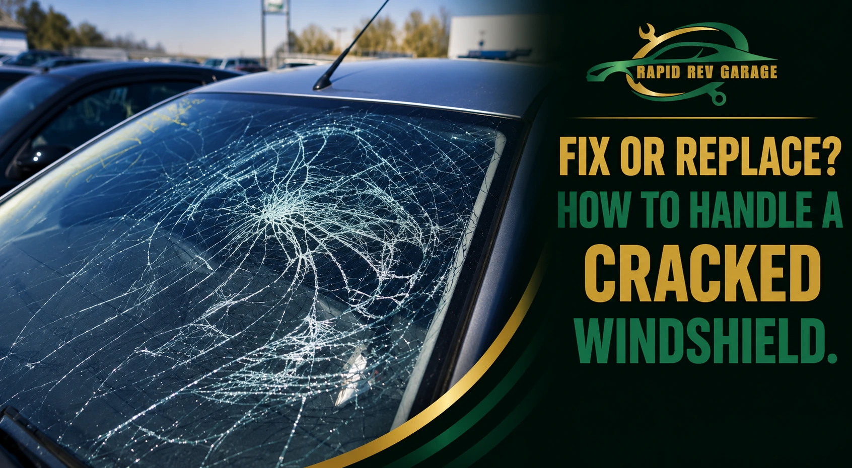 A severely cracked windshield on a parked car, showing extensive spiderweb-like damage across the glass.