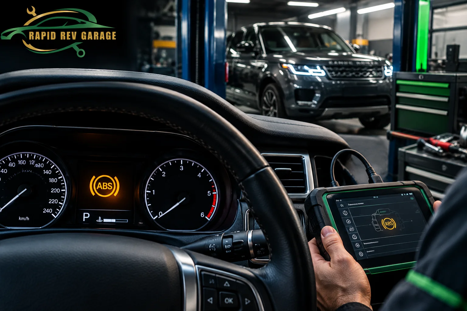 ABS warning light on a car dashboard during brake system inspection at Rapid Rev Garage in Dubai.