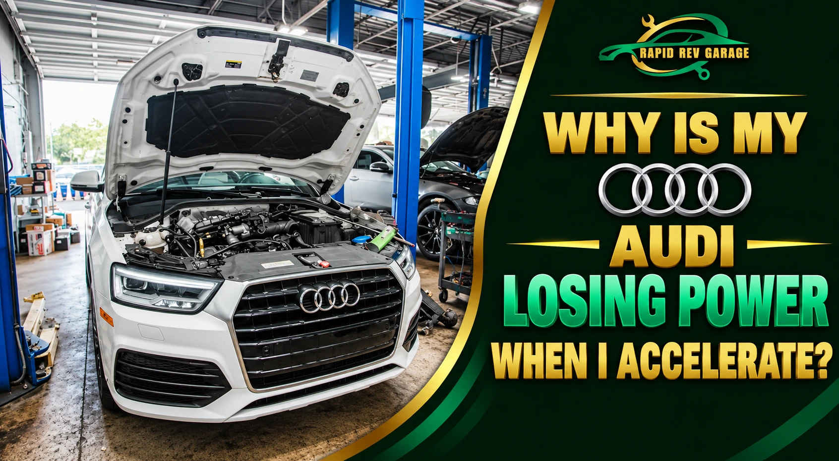 Audi losing power during acceleration with the hood open at a garage for engine inspection and repair.
