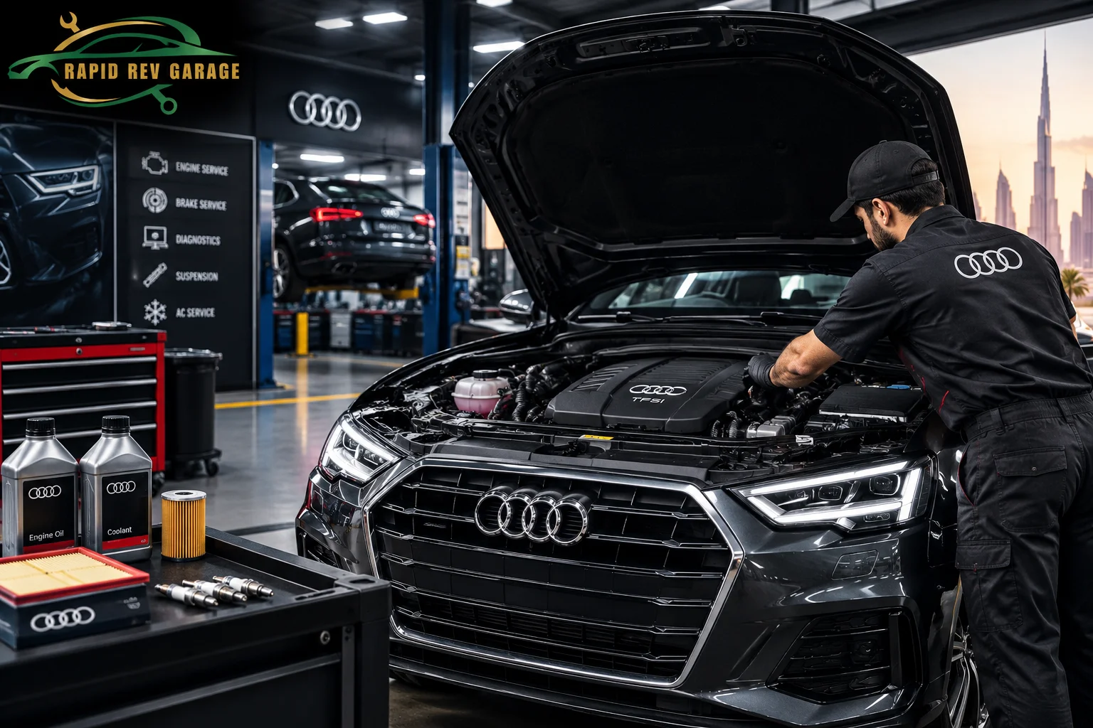 Audi transmission fluid inspection and gearbox Audi maintenance Dubai at Rapid Rev Garage.