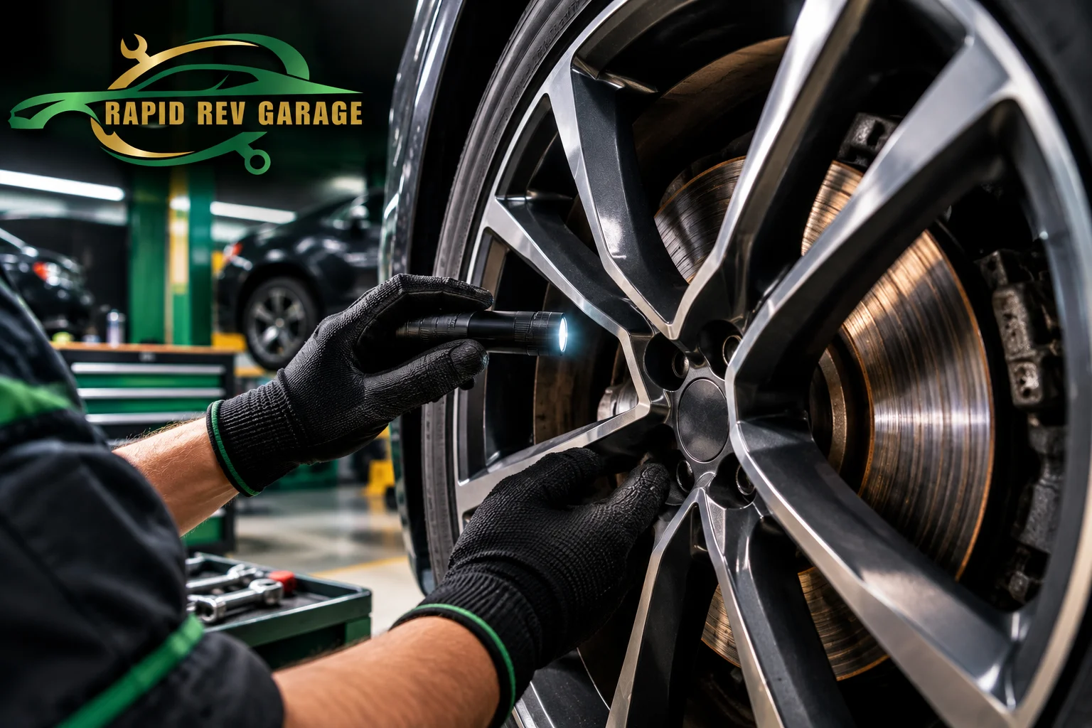 Checking for warped brake rotors without removing the wheel at Rapid Rev Garage in Dubai.