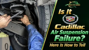 A mechanic inspecting a Cadillac suspension and tire, illustrating how to identify and diagnose Cadillac air suspension failure.