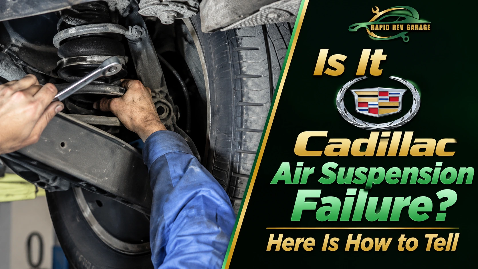 A mechanic inspecting a Cadillac suspension and tire, illustrating how to identify and diagnose Cadillac air suspension failure.