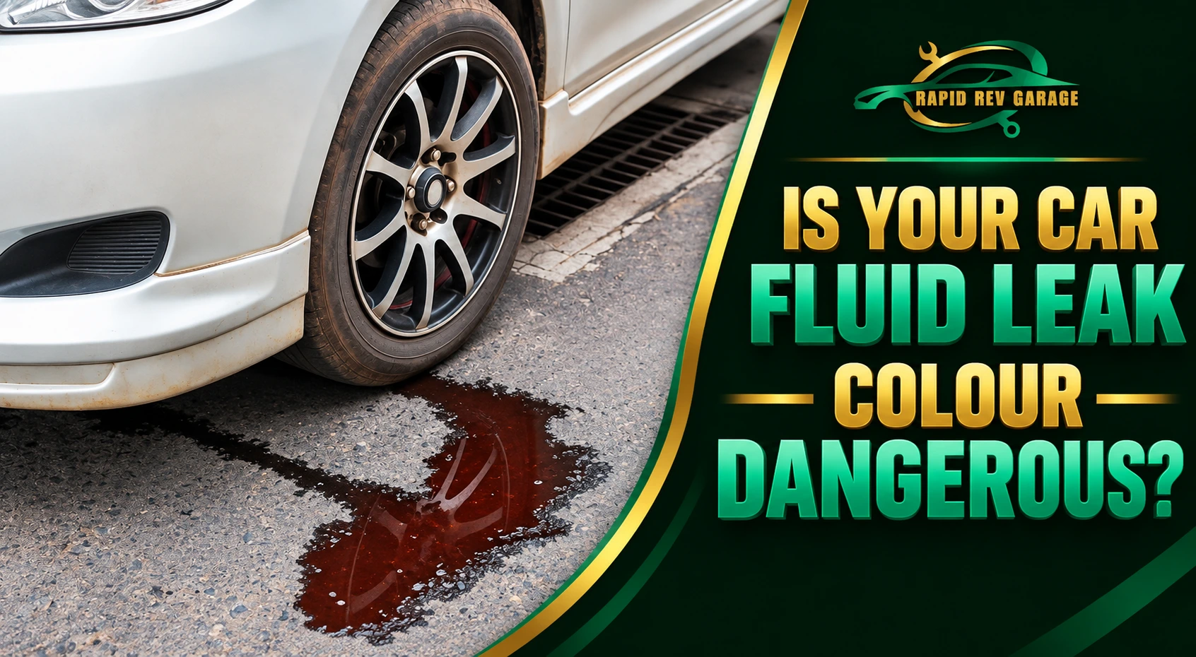 Car fluid leak colour guide showing a reddish-brown puddle beneath a car, helping drivers identify potentially dangerous vehicle fluid leaks.