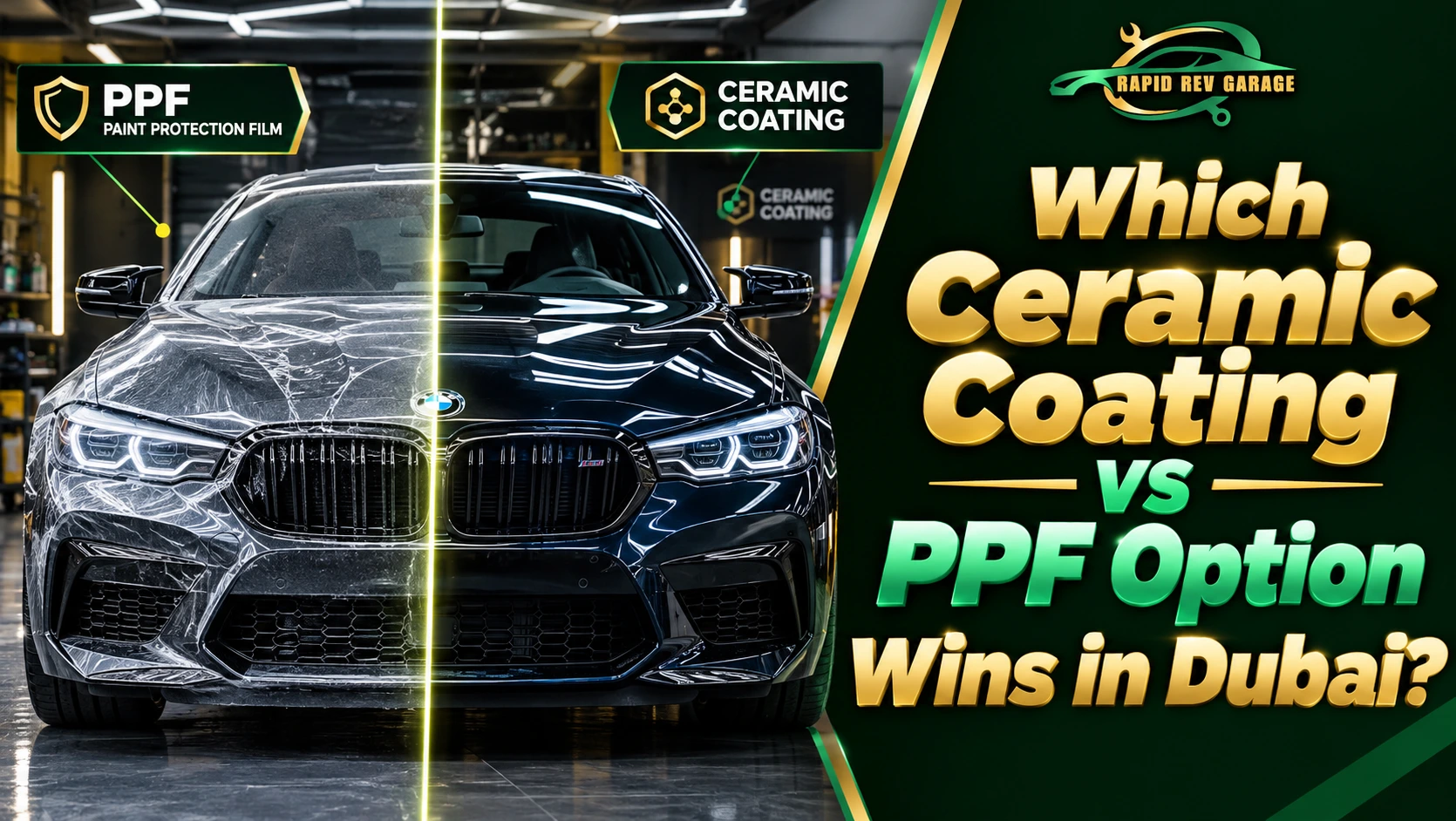 Ceramic Coating vs PPF comparison showing a luxury car with paint protection film on one side and ceramic coating on the other in a professional garage in Dubai.