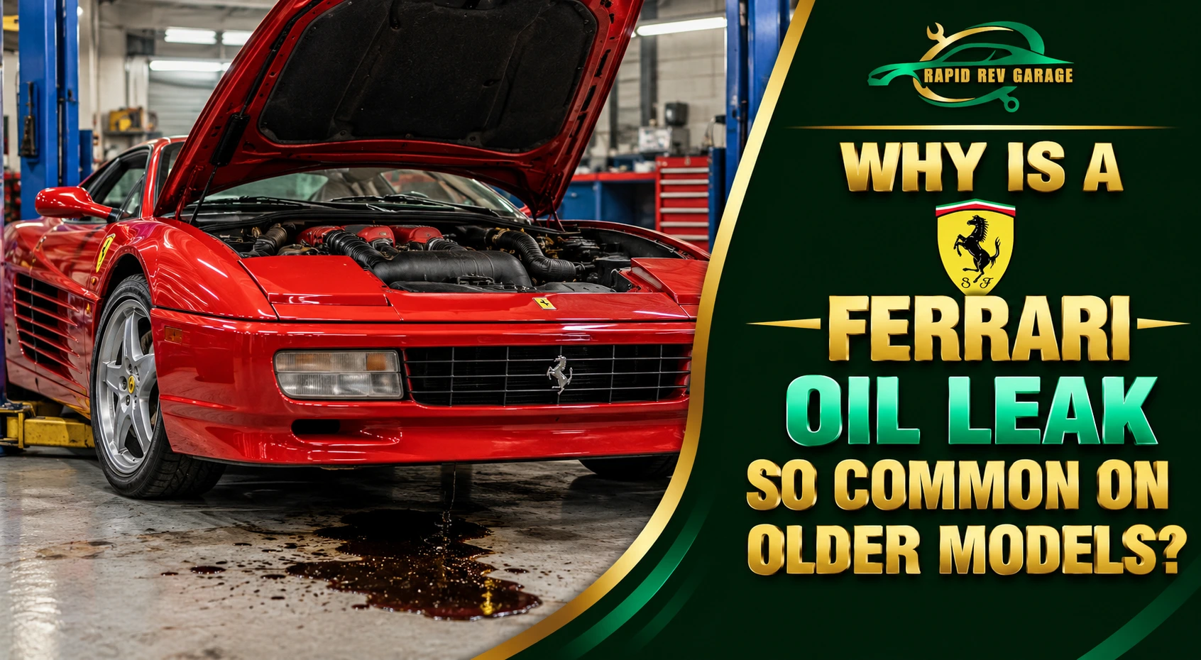 A red Ferrari with its hood open and oil leaking onto the garage floor, highlighting the common causes of a Ferrari oil leak in older models.