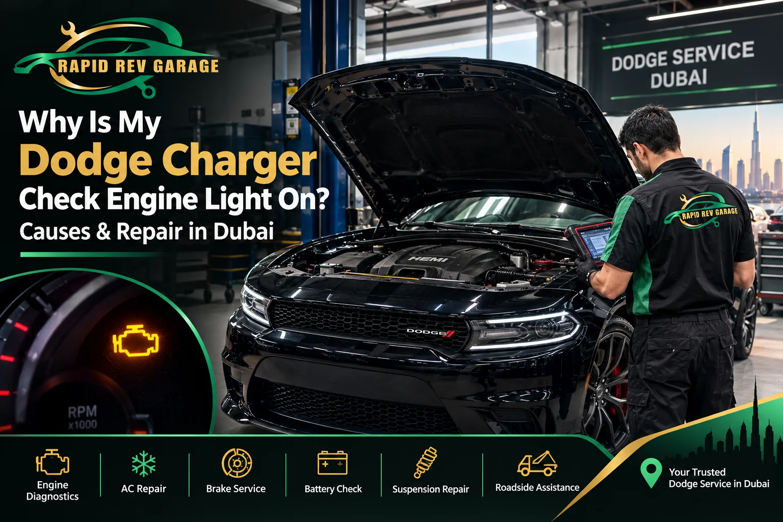 Dodge Charger check engine light diagnosis and repair at Rapid Rev Garage in Dubai, with expert Dodge service Dubai for engine faults and diagnostics.