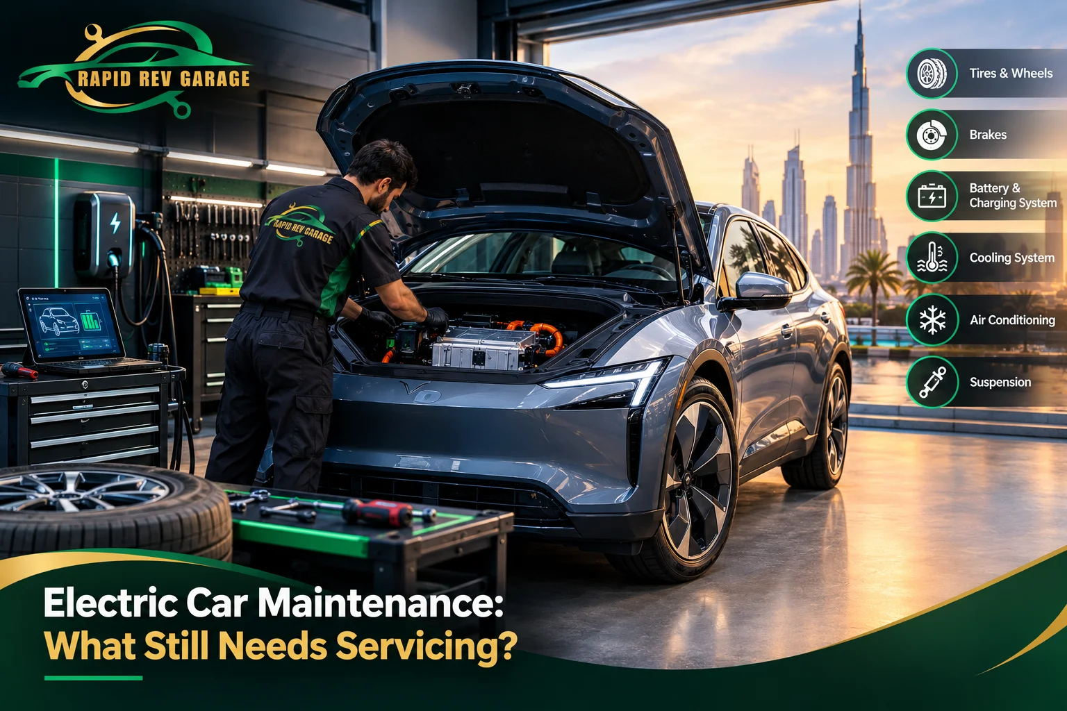 Electric Car Maintenance in Dubai, showing an electric vehicle being serviced at Rapid Rev Garage, with checks for tires, brakes, battery, and cooling systems.