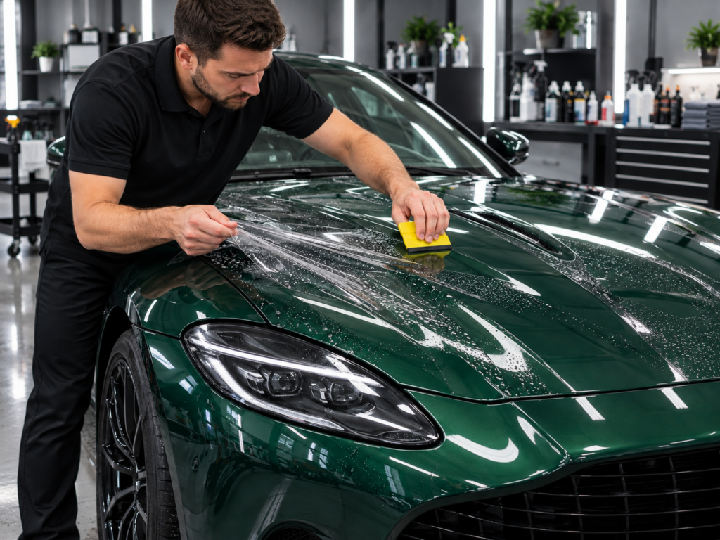 Paint protection film being fitted to a car bumper at Rapid Rev Garage in Al Quoz, Dubai