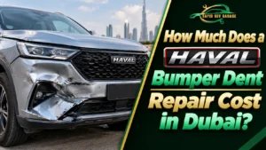 A dented Haval SUV in Dubai with severe front bumper damage, highlighting Haval bumper dent repair costs and options.