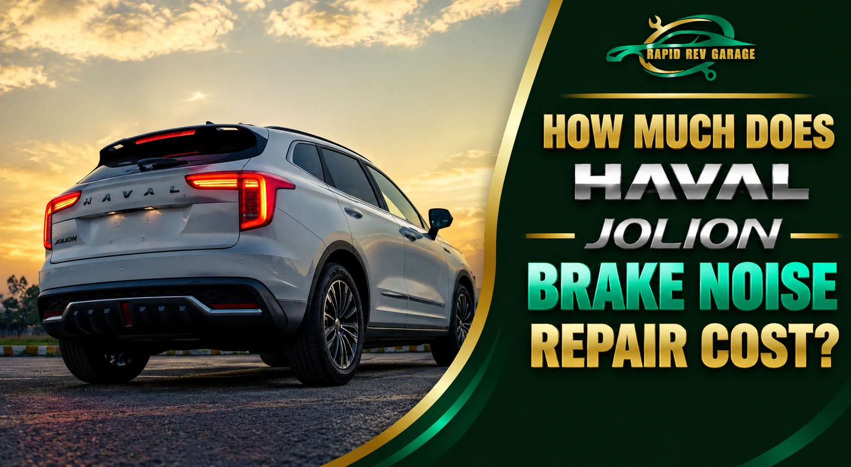 White Haval Jolion SUV featured in a promotional graphic for Haval Jolion Brake Noise Repair, highlighting brake inspection and repair cost services.