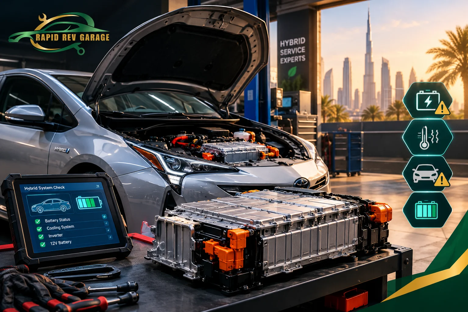 Hybrid Car Battery Problems inspection at Rapid Rev Garage in Dubai, featuring a hybrid vehicle and battery diagnostic equipment.