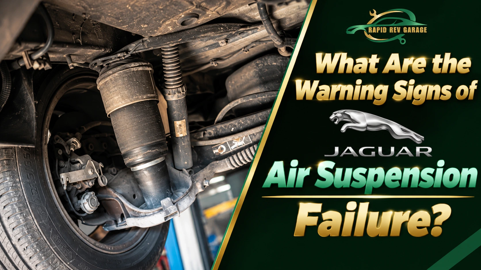 Close-up of a Jaguar’s rear air suspension system and shock absorber, highlighting key warning signs of Jaguar air suspension failure.