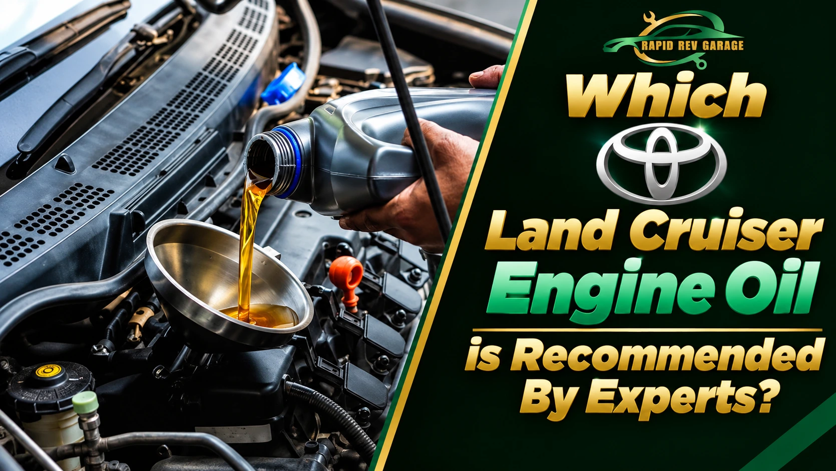 A mechanic pours Land Cruiser Engine Oil into a Toyota Land Cruiser engine, highlighting expert-recommended oil choices.