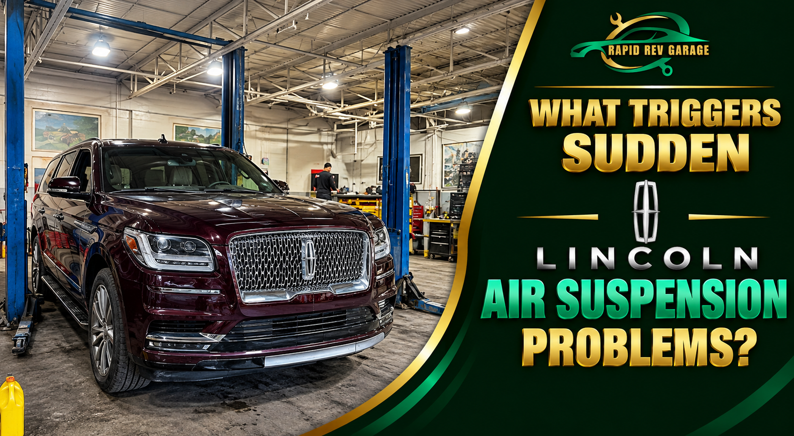 Lincoln air suspension problems being inspected on a maroon Lincoln SUV at an automotive repair garage.