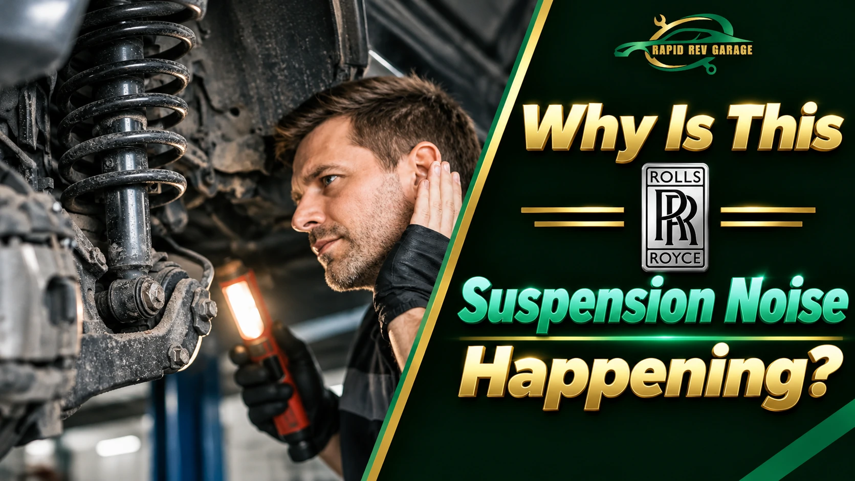 A mechanic inspecting a vehicle’s suspension system to diagnose Rolls-Royce Suspension Noise, highlighting potential suspension issues and the importance of professional automotive inspection.
