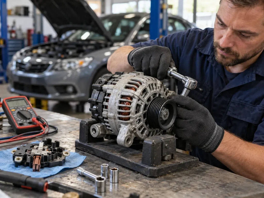Mechanic testing a car alternator's charging voltage at Rapid Rev Garage in Al Quoz, Dubai