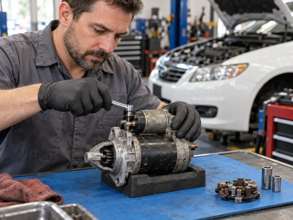 Mechanic testing a car starter motor at Rapid Rev Garage in Al Quoz, Dubai