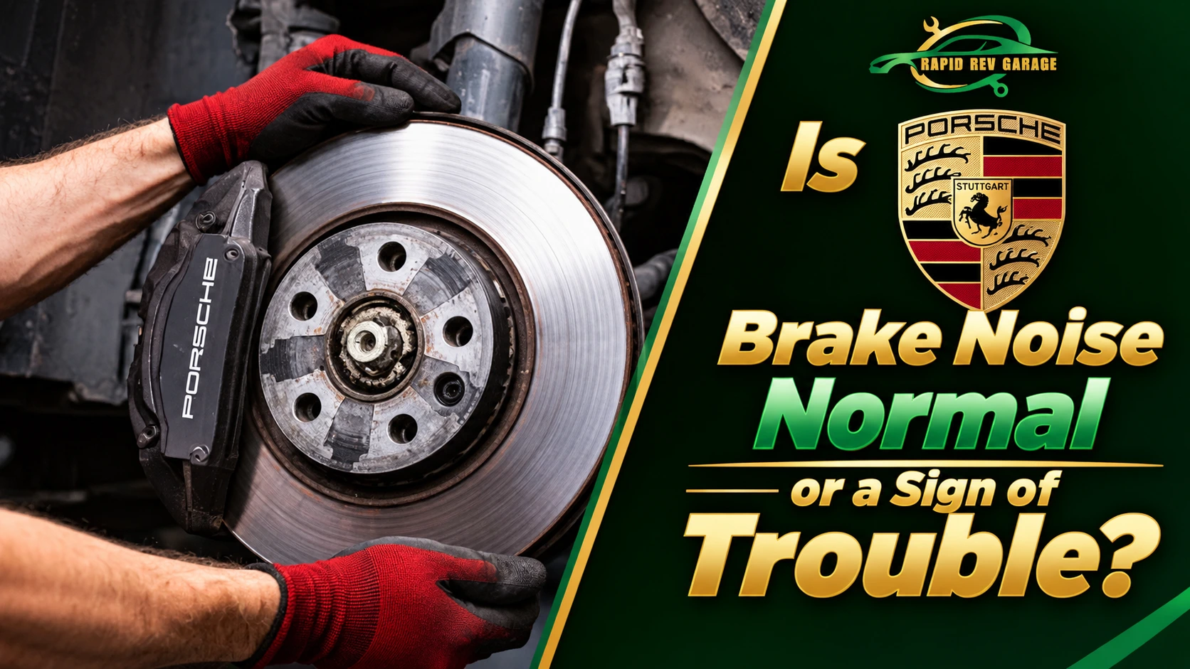 Mechanic inspecting a Porsche brake disc and caliper, highlighting possible causes of Porsche brake noise and whether it is normal or a sign of a braking system problem.