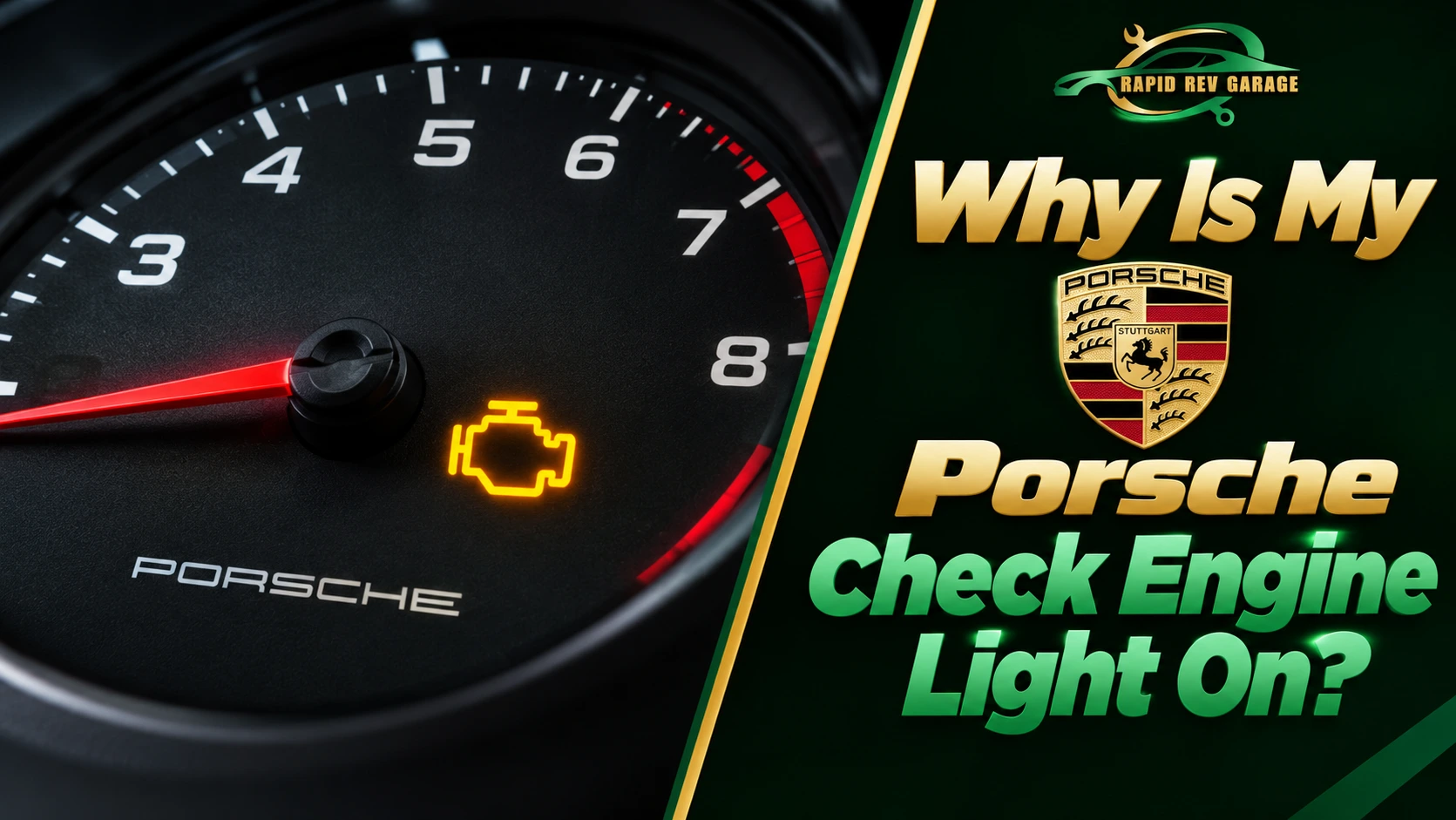 A Porsche dashboard with a glowing warning symbol highlights the Porsche Check Engine Light, with guidance on why the warning may be on.