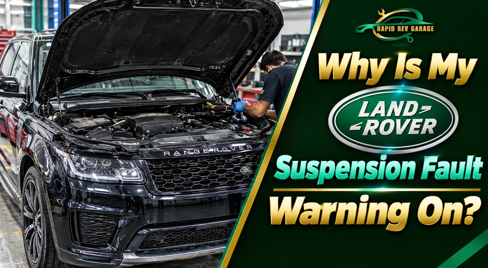 A mechanic inspecting a Land Rover with its hood open, highlighting possible causes of the Land Rover Suspension Fault Warning and the importance of professional diagnosis at Rapid Rev Garage.