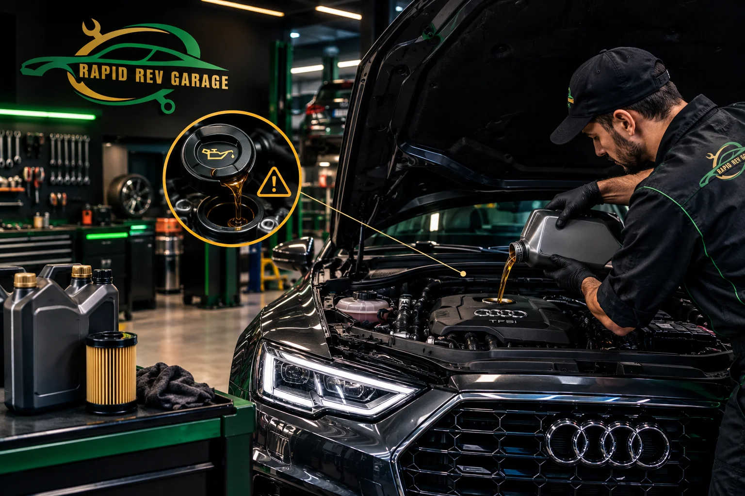 Audi Consuming Too Much Oil – Engine Oil Inspection and Repair at Rapid Rev Garage in Dubai.