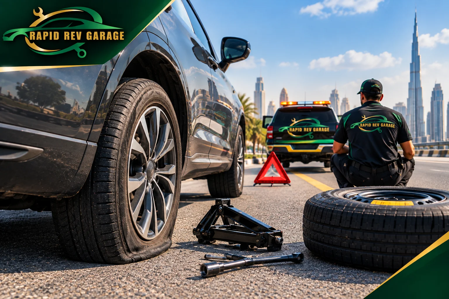 Flat tyre roadside assistance in Dubai by Rapid Rev Garage.