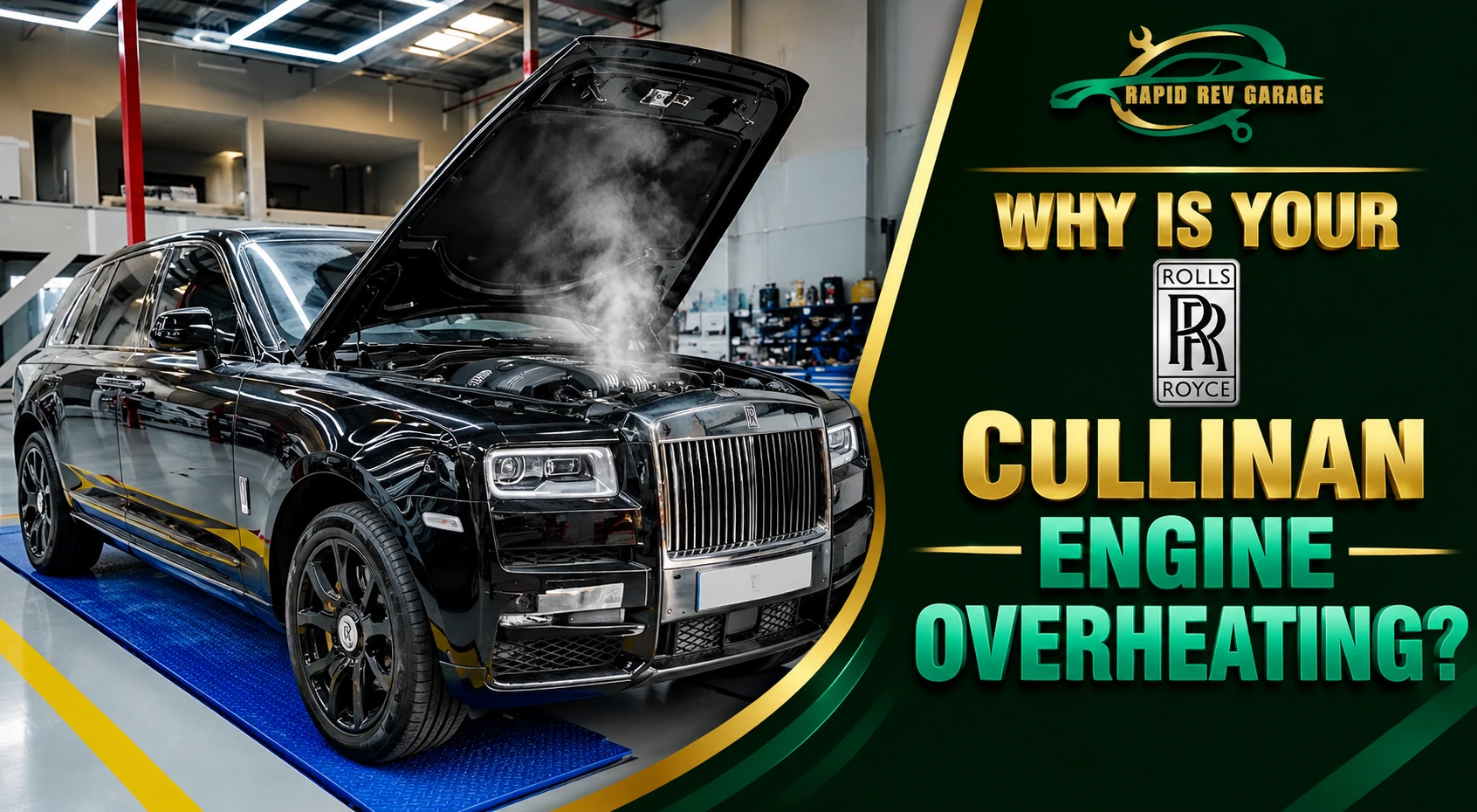 Black Rolls-Royce Cullinan with smoke rising from the engine bay in a workshop, illustrating Rolls-Royce Cullinan engine overheating and the need for professional engine repair.