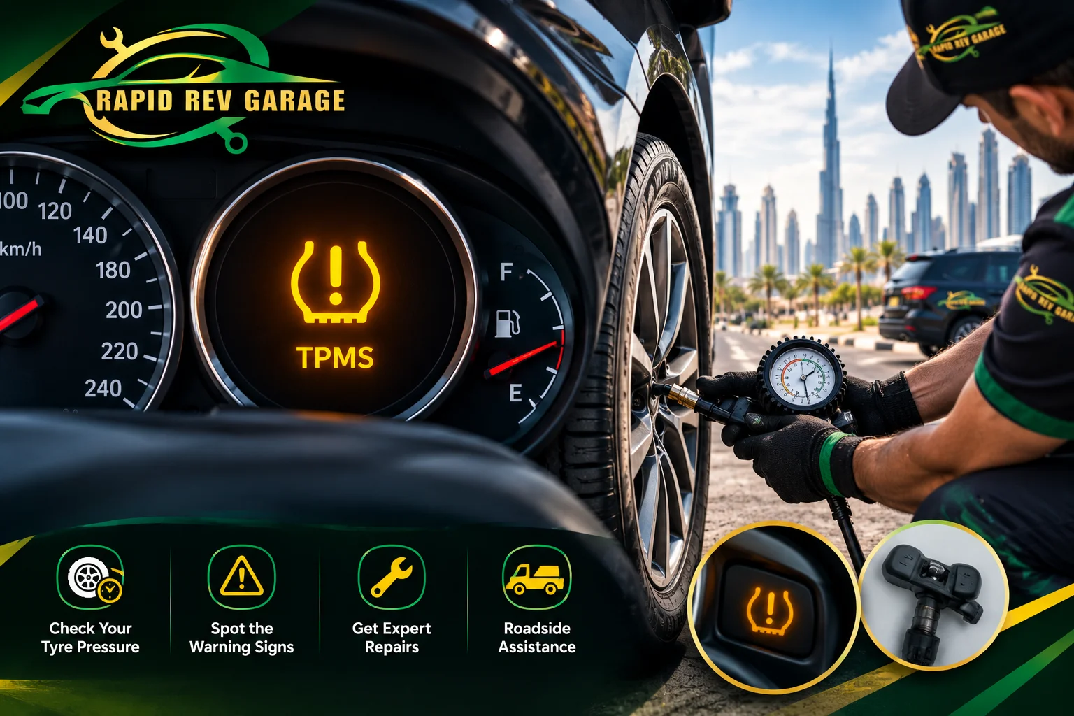 Tyre Pressure (TPMS) warning light explained with Rapid Rev Garage logo, tyre pressure inspection, and roadside assistance in Dubai.