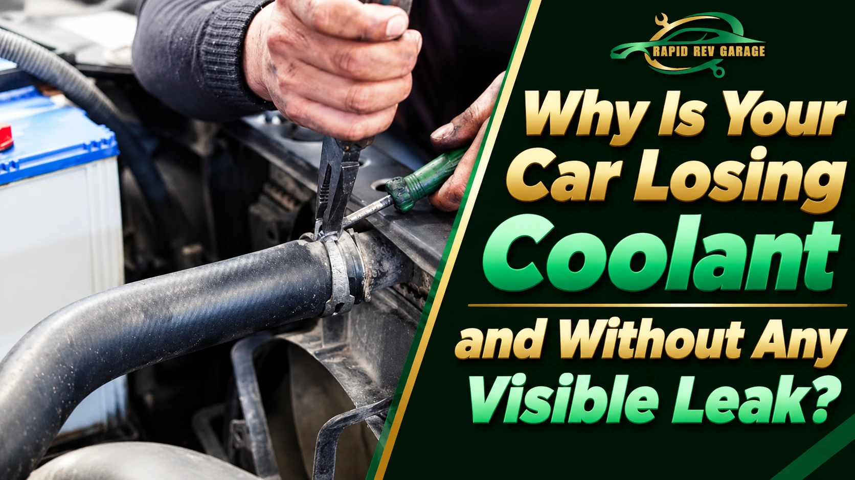 Mechanic inspecting a car coolant hose and clamp, illustrating possible causes of a car losing coolant without any visible leak.